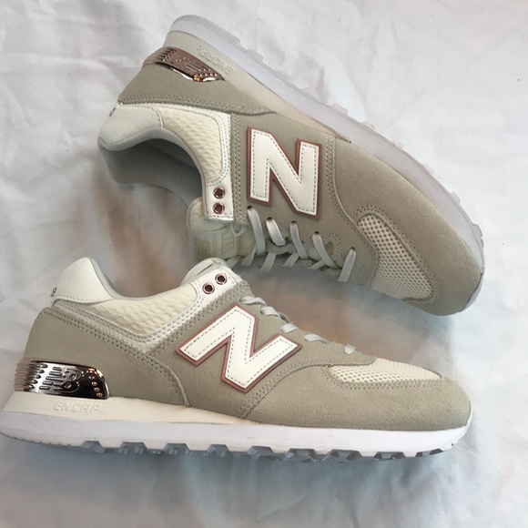 new balance 574 cream and rose gold trainers